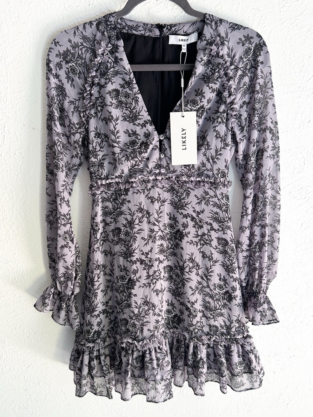 LIKELY Amber Dress Lavender Black Floral Ruffle Long Sleeve Mini Dress 00 NWT
